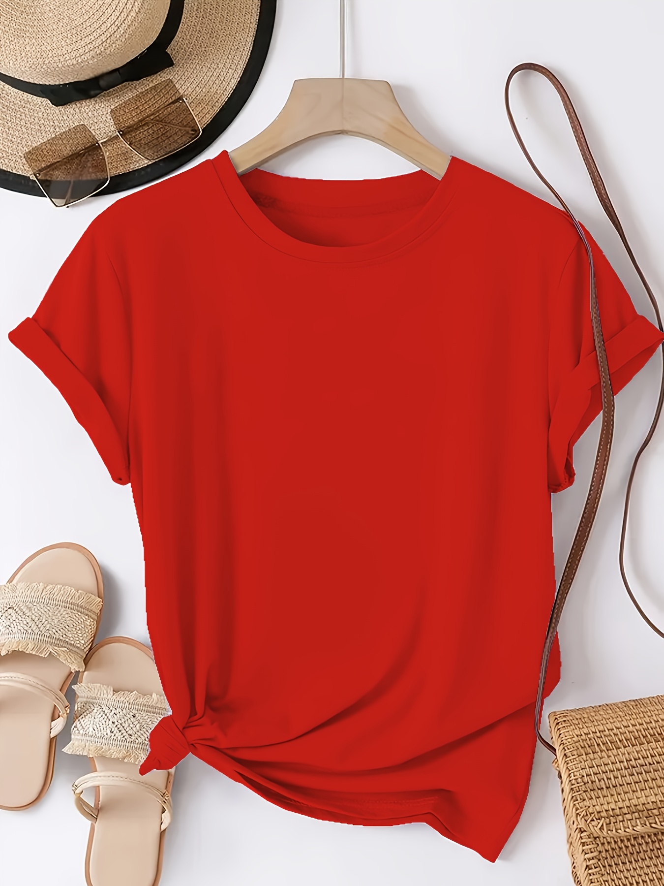 Solid Color Crew Neck T-Shirt, Casual Short Sleeve T-Shirt for Spring & Summer, Women's Clothing