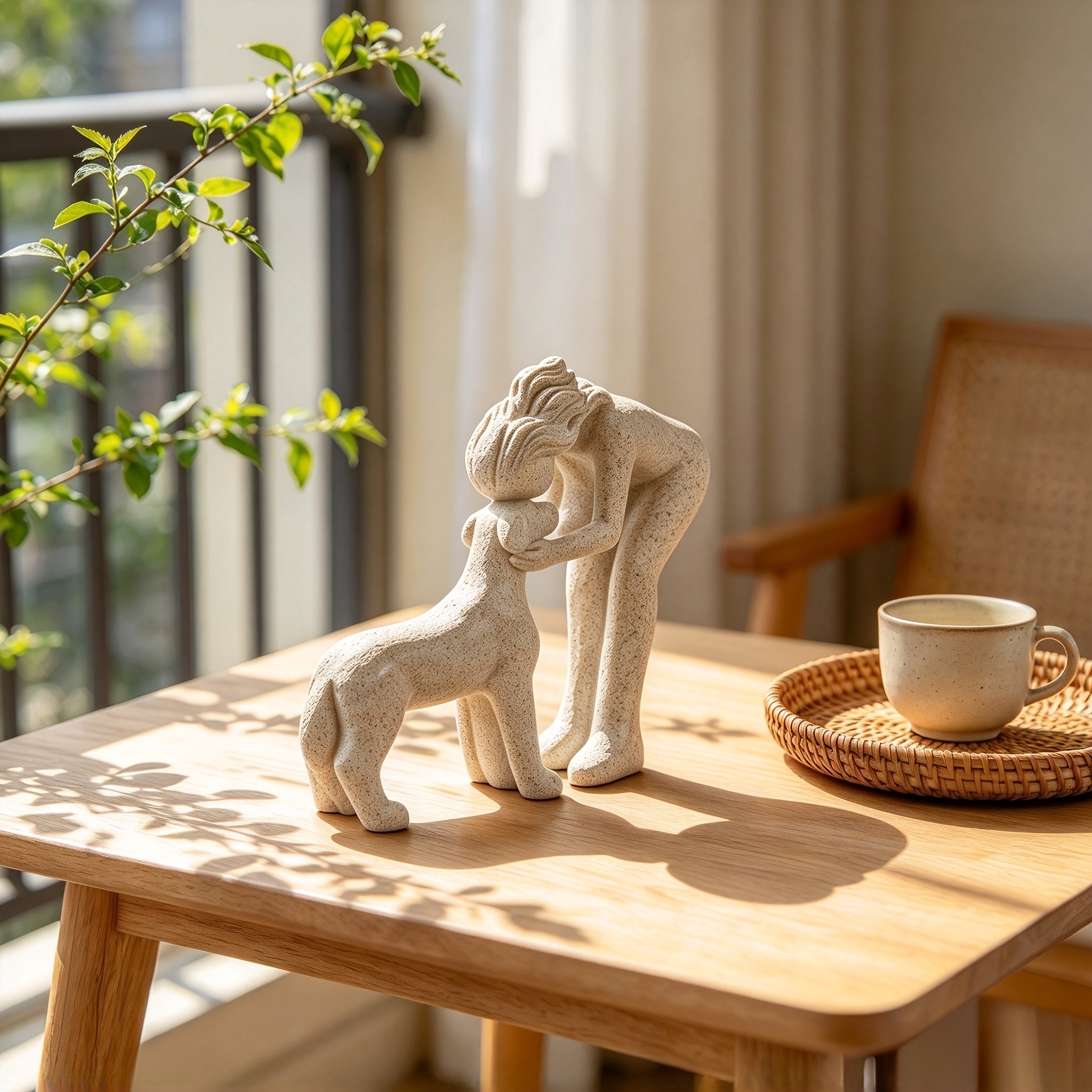 TEMU 1 stuk Kerst Abstracte Vrouw Hond Beeldhouwwerk Zandsteenkorreltextuur Warme Minimalistische Figuur Tafeldecoratie voor Woonkamer