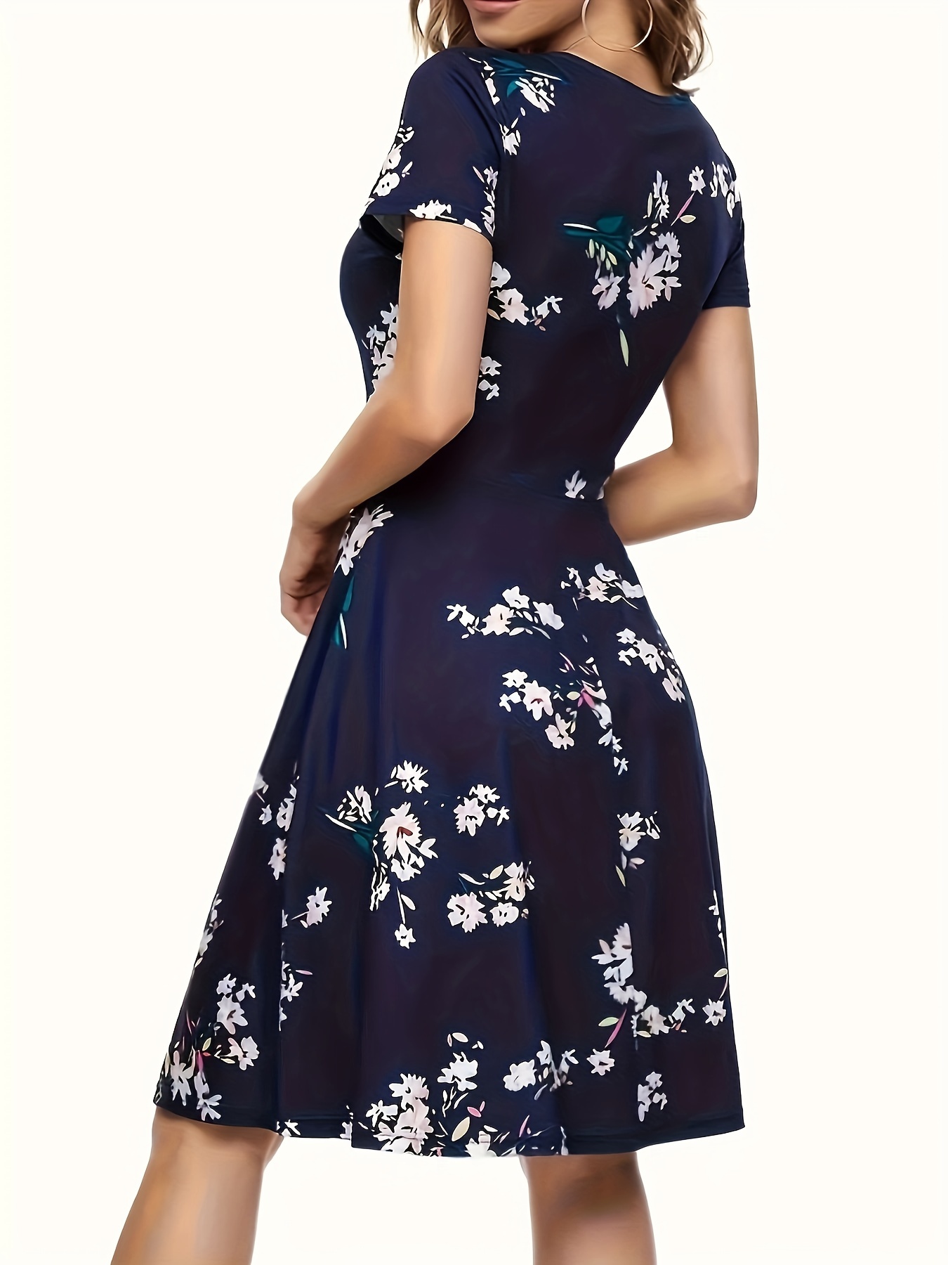 floral print crew neck dress elegant short sleeve dress for spring summer womens clothing