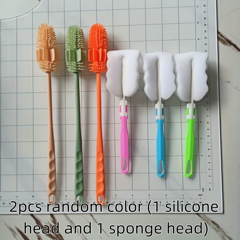 TEMU 2pcs Brosse de nettoyage combinée avec manche (tête en silicone et tête en éponge), réutilisable, pour eau froide et chaude, non déformable,