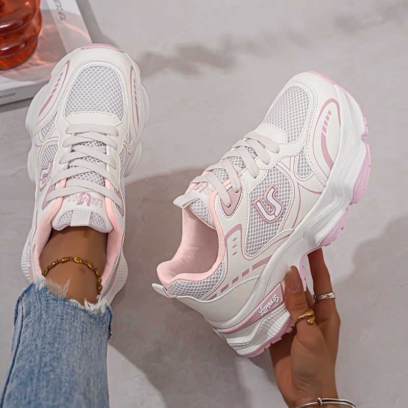 TEMU Lsemiwl Women's Vintage Height-increasing Platform Sneakers - Breathable Mesh Low-top Lace-up Platform Shoes With Tpr Sole, Thick Cushioned Sole