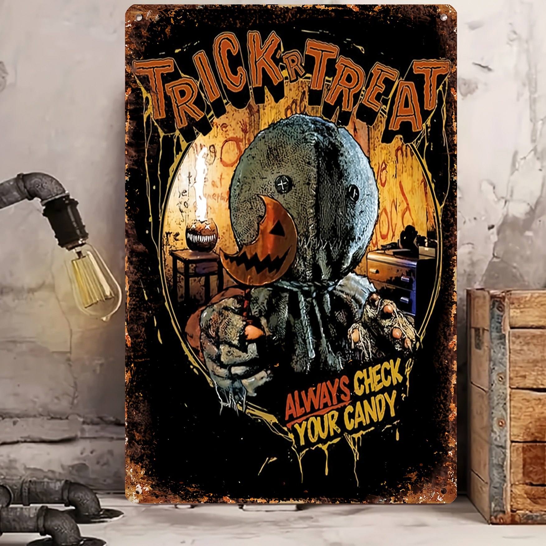 

Vintage Halloween Trick Or Treat Sign: Check Your Candy With This Rustic Aluminium Decoration