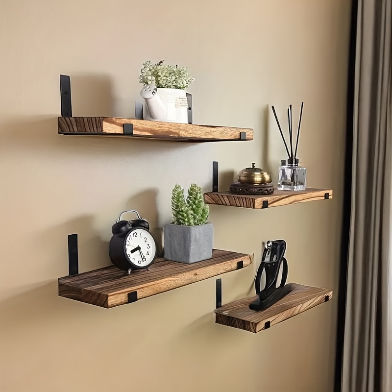 TEMU 4pcs Set, Rustic Wooden Wall Shelves, Brown, Suitable For Floating Shelves , Bedroom, And Living Room