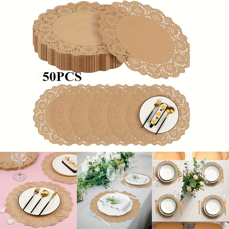 50pcs Disposable Brown Cow Paper Placemats - 34. Scalloped Lace , High-quality Machine Made Wedding Party Table Mats, Ideal For Banquet Elegant Wedding Tablecloth Set