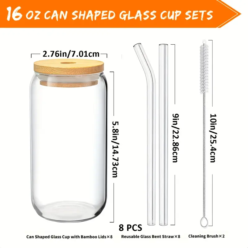 glass cups with bamboo lids and straws 8 set 16 oz reusable iced coffee cup beer can drinking jars for smoothie boba soda tea gift glass coffee cups cleaning brushes Product details 3