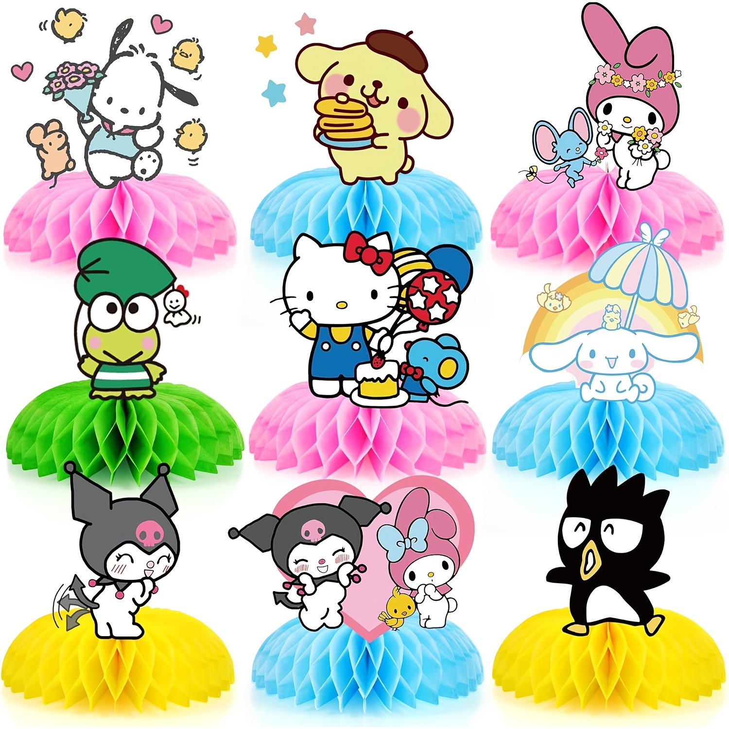 

9pcs Sanrio Kawaii Honeycomb Table Centerpieces, Double-sided Cartoon Anime Party Decorations, Paper Tabletop Decor For Birthday, Christmas, New Year, Universal Celebrations