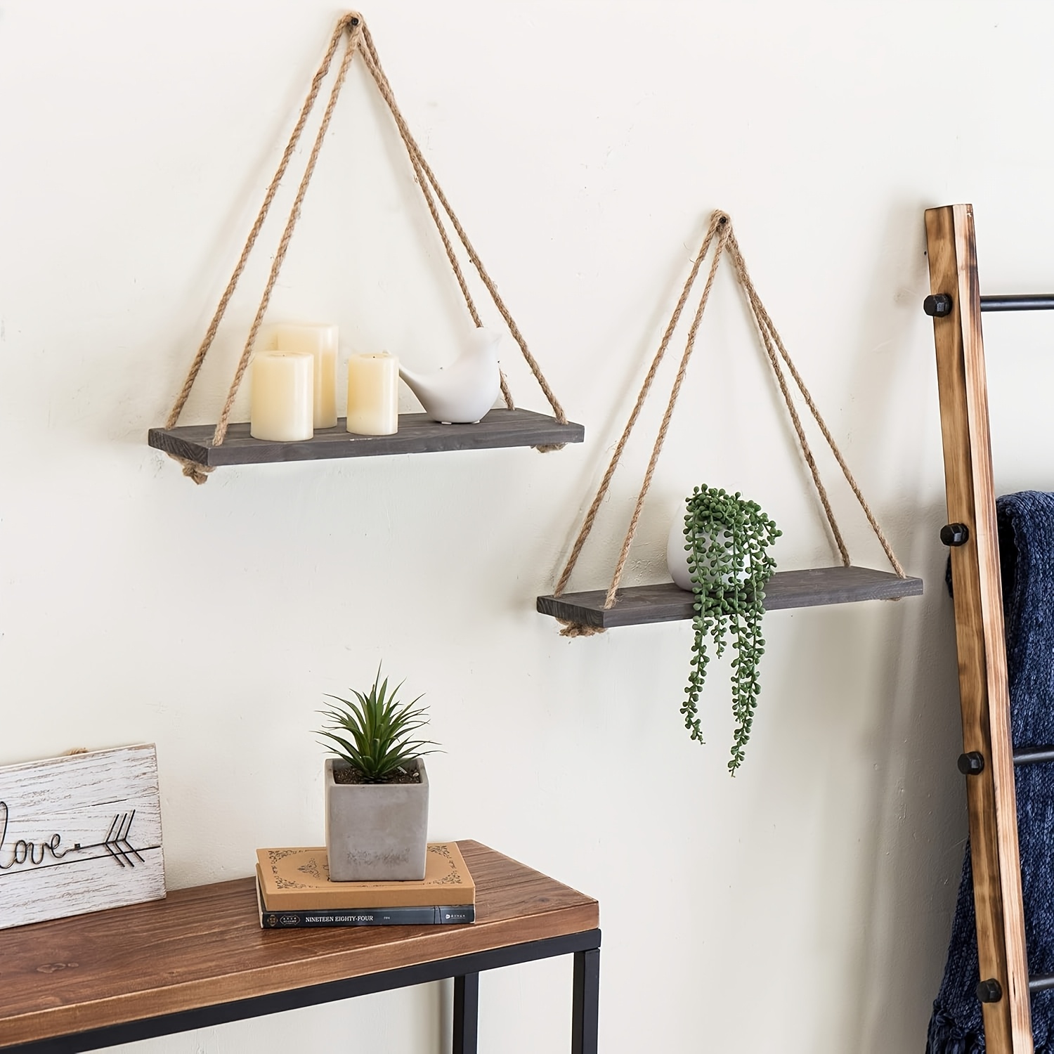 

2-pack Chic Wooden Floating Shelves, Wall Hanging Storage Display For Plants & Photos, Rustic Wood Shelf For Bedroom, Bathroom, Living Room Decor, No Electricity Needed