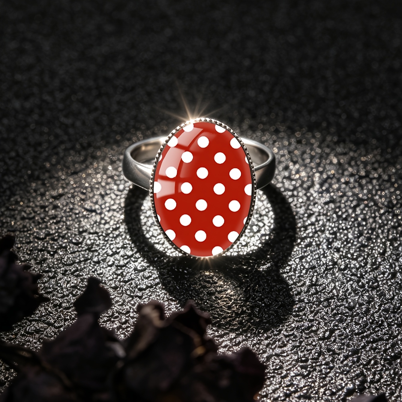 TEMU 1pc Elegant And Simple Red Background With White Polka Dot Pattern, Featuring A Glass And Steel Oval/round . This Vintage-style Minimalist Ring