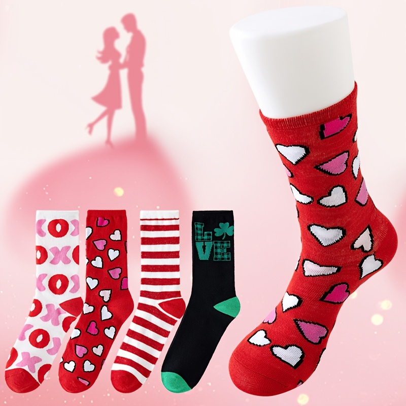 

4 Pairs Valentine's Day Heart Pattern Socks – Cozy, Warm Mid-calf Socks For Couples, Sweet And Stylish Knit Design With Geometric Hearts, Stripes, And Polka Dots, Autumn And Winter, Cute Socks