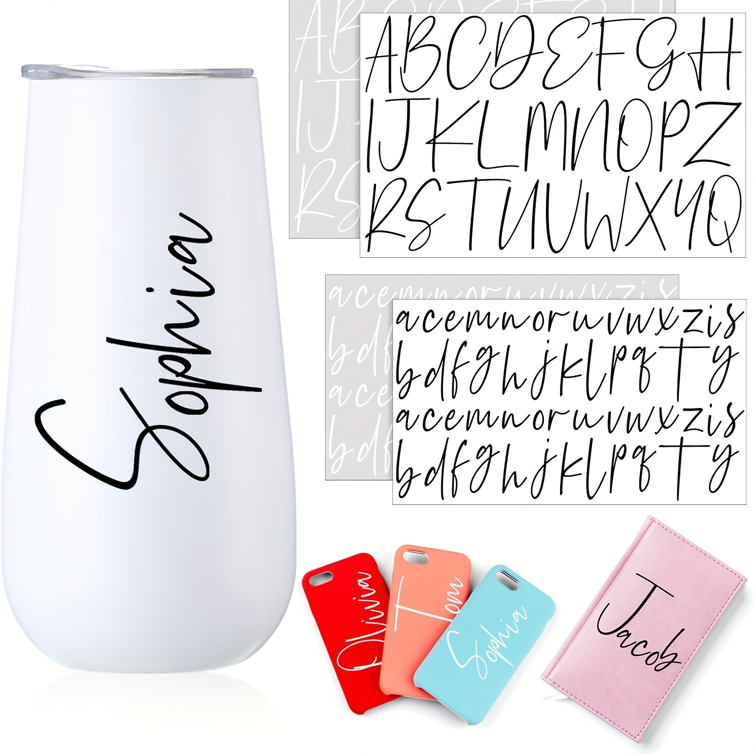 E-shop UV DTF 4er Set Tasse Wrap Transfer Buchstaben Aufkleber Vinyl Namensaufkleber Personalisierte Alphabet Vinyl Aufkleber Wasserflasche Becher