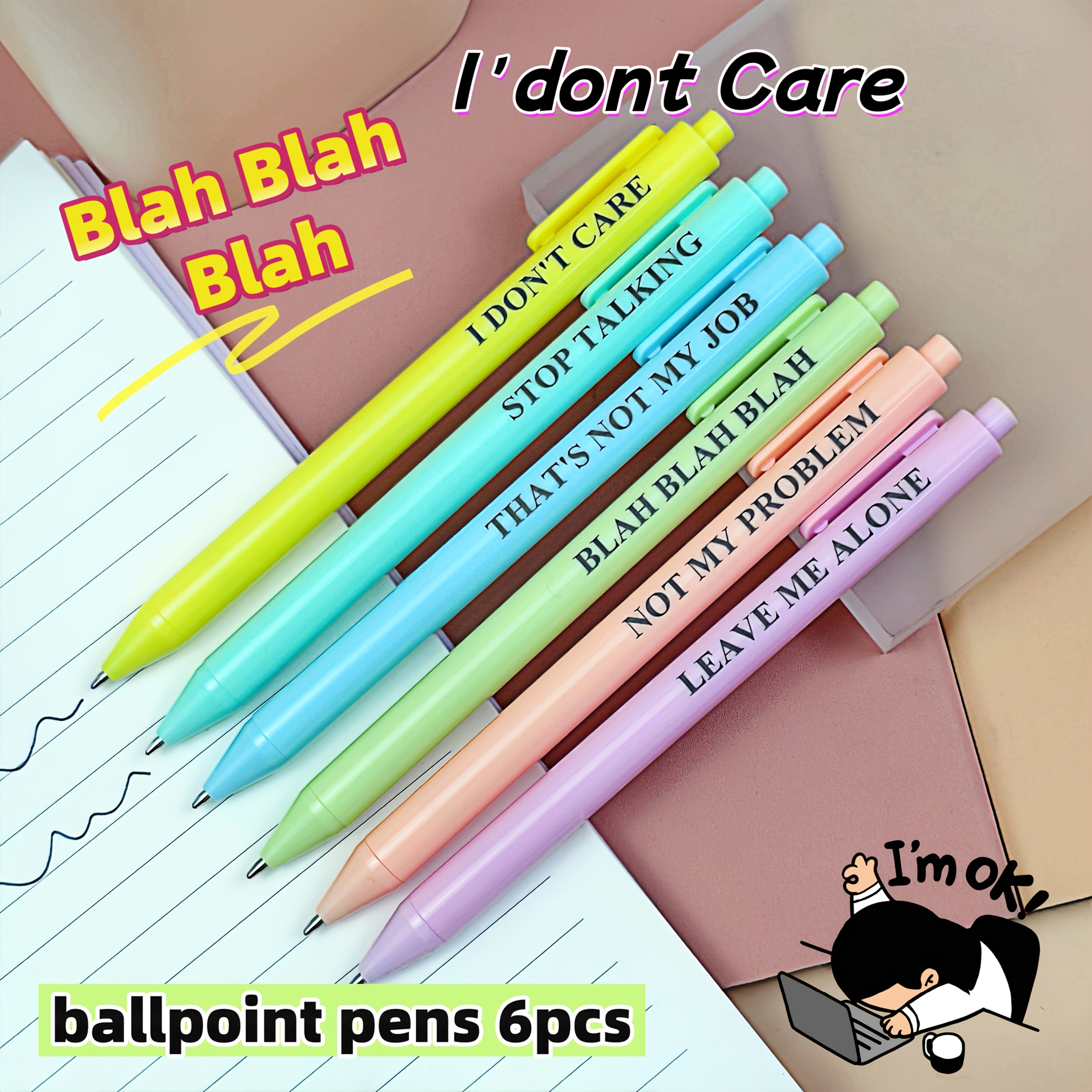 Image of 6 Funny Office Ballpoint Pens, Black Ink, With Humorous And Interesting Quotes, For Company Offices, Meeting Notes, Events, And Parties, Fun Stationery Gift, Nice And Affordable Ballpoint Pens