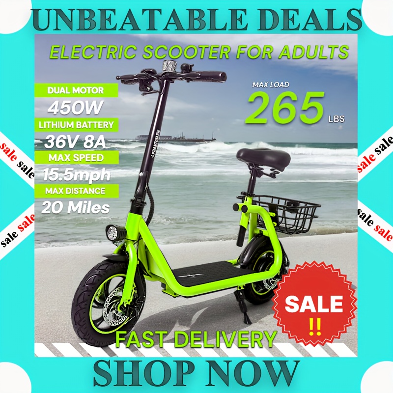 

Electric Scooter For Adults - Foldable Scooter With Seat & Carry Basket - 450w Brushless Motor 36v - 15mph 265lbs Max E Mopeds For Adults - Neon