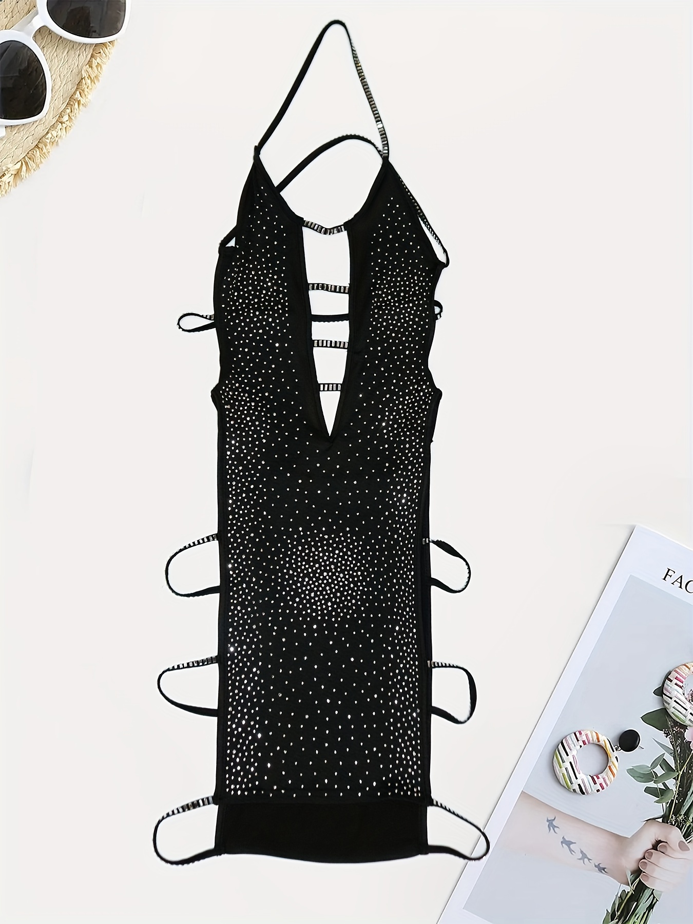 Y2k Rhinestone Cut Sexy Halter Dress Nightclub Party Dress - Temu