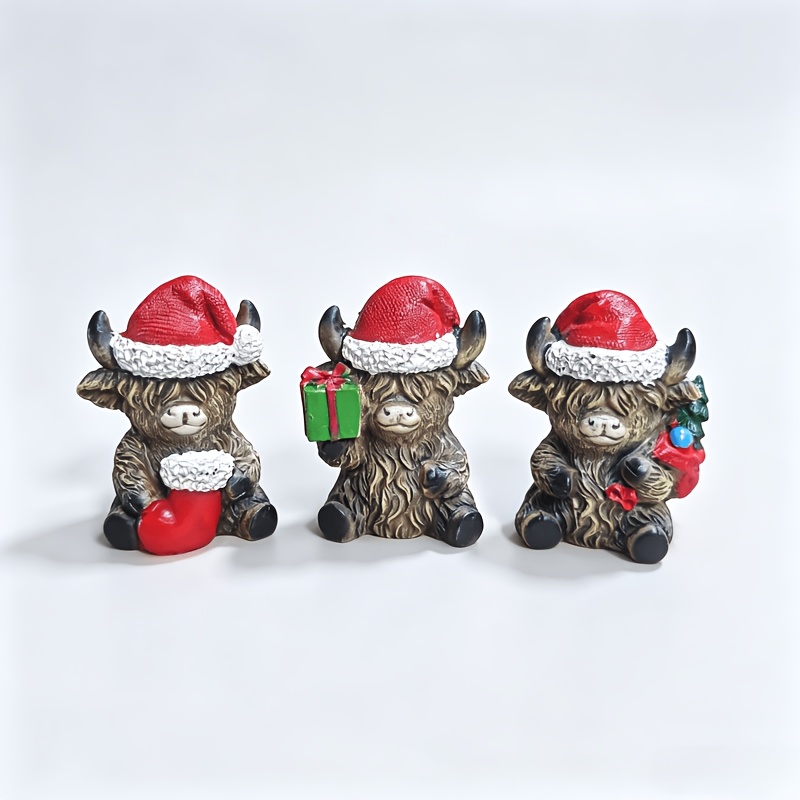 TEMU 3pcs Set Of Christmas Highland Cow Resin Sculpture Ornaments, Mini Santa Hat Yak Sculptures, Festive Table Decorations, Cute Farmhouse Decor,