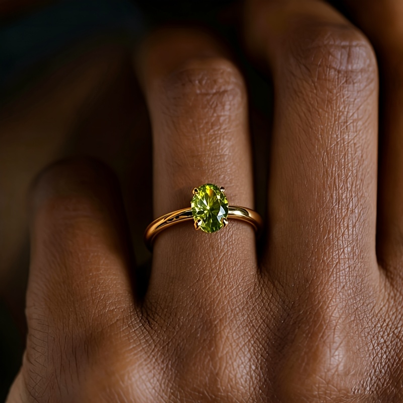TEMU 1pc Gold-tone Copper Olive Green Oval Cz Solitaire Ring, Wedding Band, Finger Ring For Women, Trendy Sparkling Unisex Style, Daily Wear,