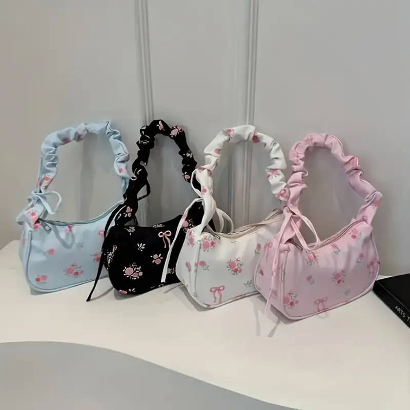 floral print mini shoulder bag for women lightweight polyester crossbody bag with adjustable bow strap zipper closure white black compact travel pouch cute accessory smooth texture small purse details 6