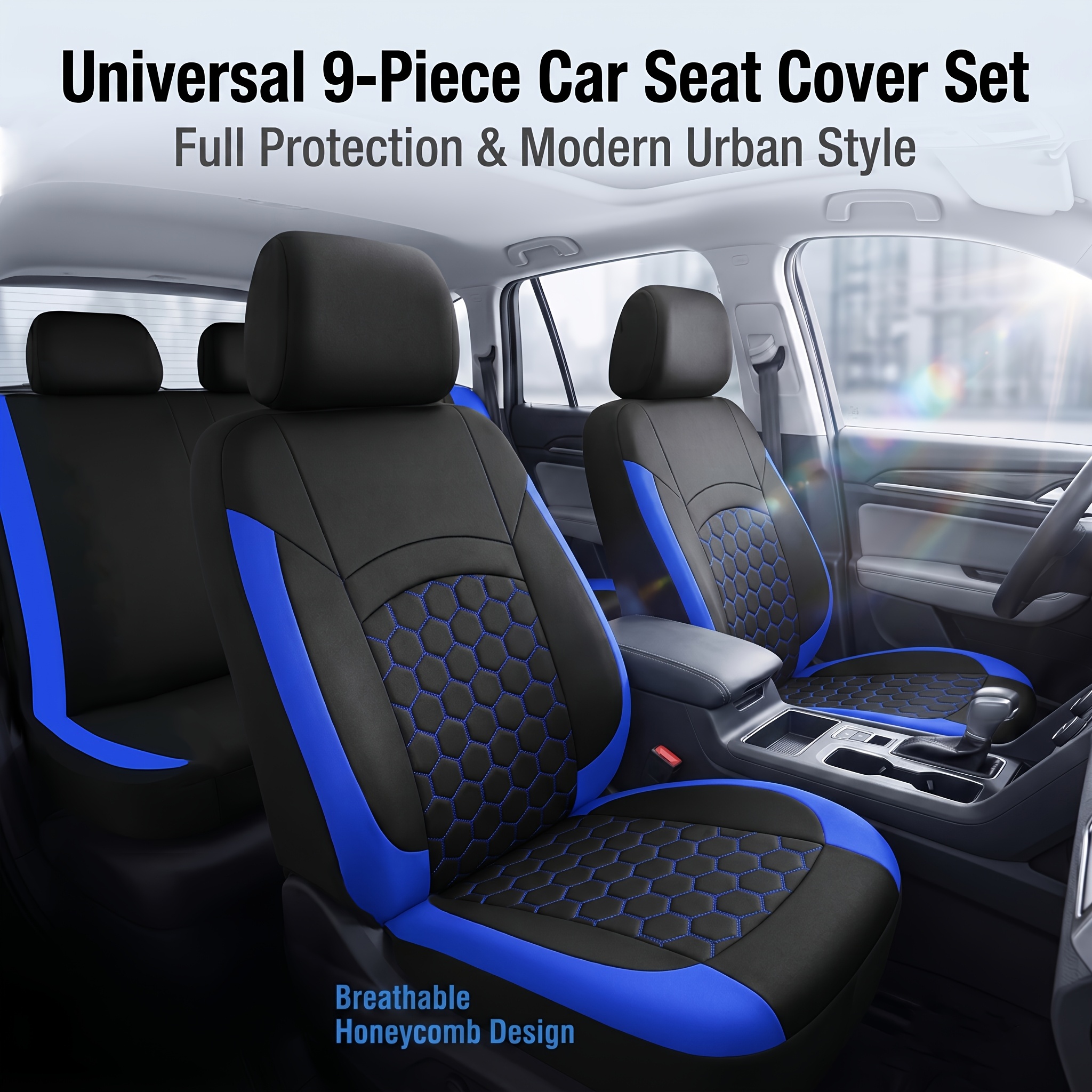 Image of 5-seater Car Seat 9pcs Set, Universal Size, Car Seat Cover, Hexagonal Honeycomb Embroidery Breathable Design, Suitable For Most Sedans, Suvs, Trucks And , Gift