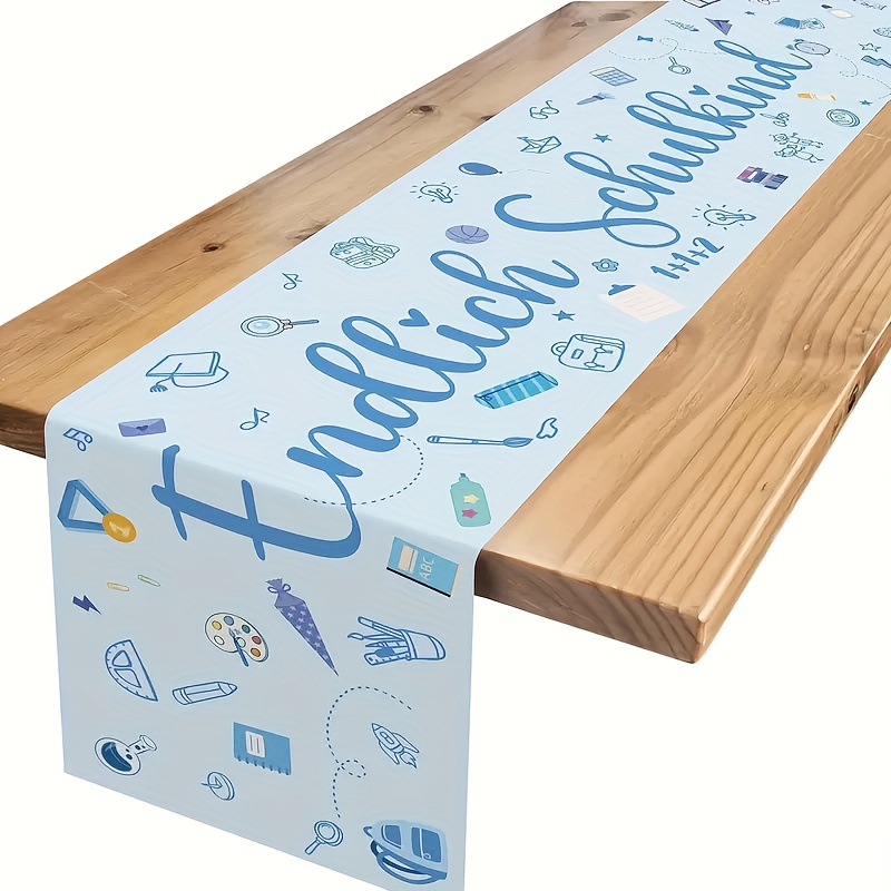 E-shop 1 Stück Leinen Tischläufer "Erster Schultag" - Blaue Klassenzimmerdekoration mit Bildungssymbolen für Schulanfangsparty, Dankeschön an die