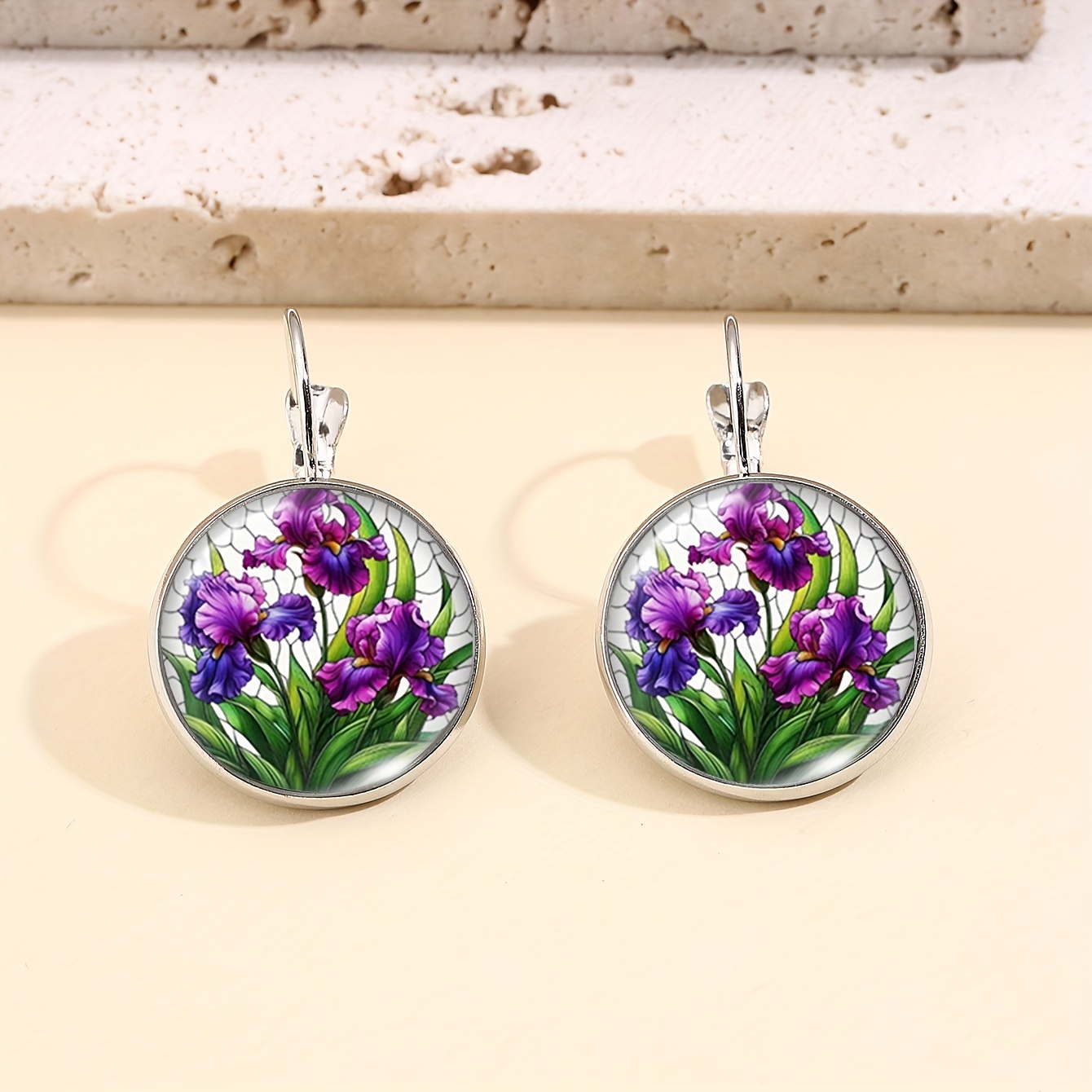 TEMU 1pc Vintage -color Floral Ladies' Round French Earrings With Glass And For And Party