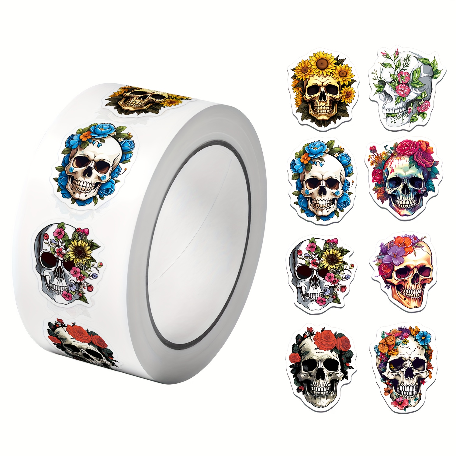 TEMU 1roll(500pcs) Pretty Skeleton Pattern Stickers 2.5cm/1.0'' 8 Designs Decals Diy Gifts Suitable For Gift Packaging Home Decoration Sealing Labels And Greetings