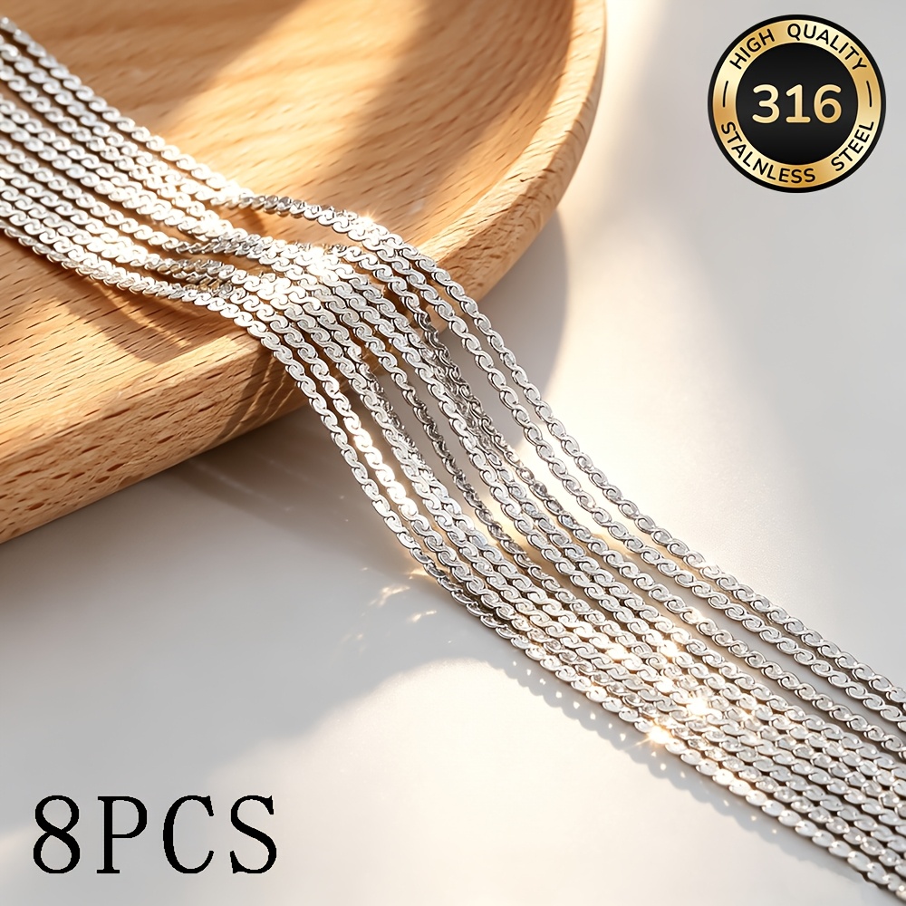 TEMU 8pcs/package Stainless Steel Classic Flat Necklace, +5cm/1.96inch Extension Tail Chain, Waterproof, Durable, , Hypoallergenic Material, Unisex