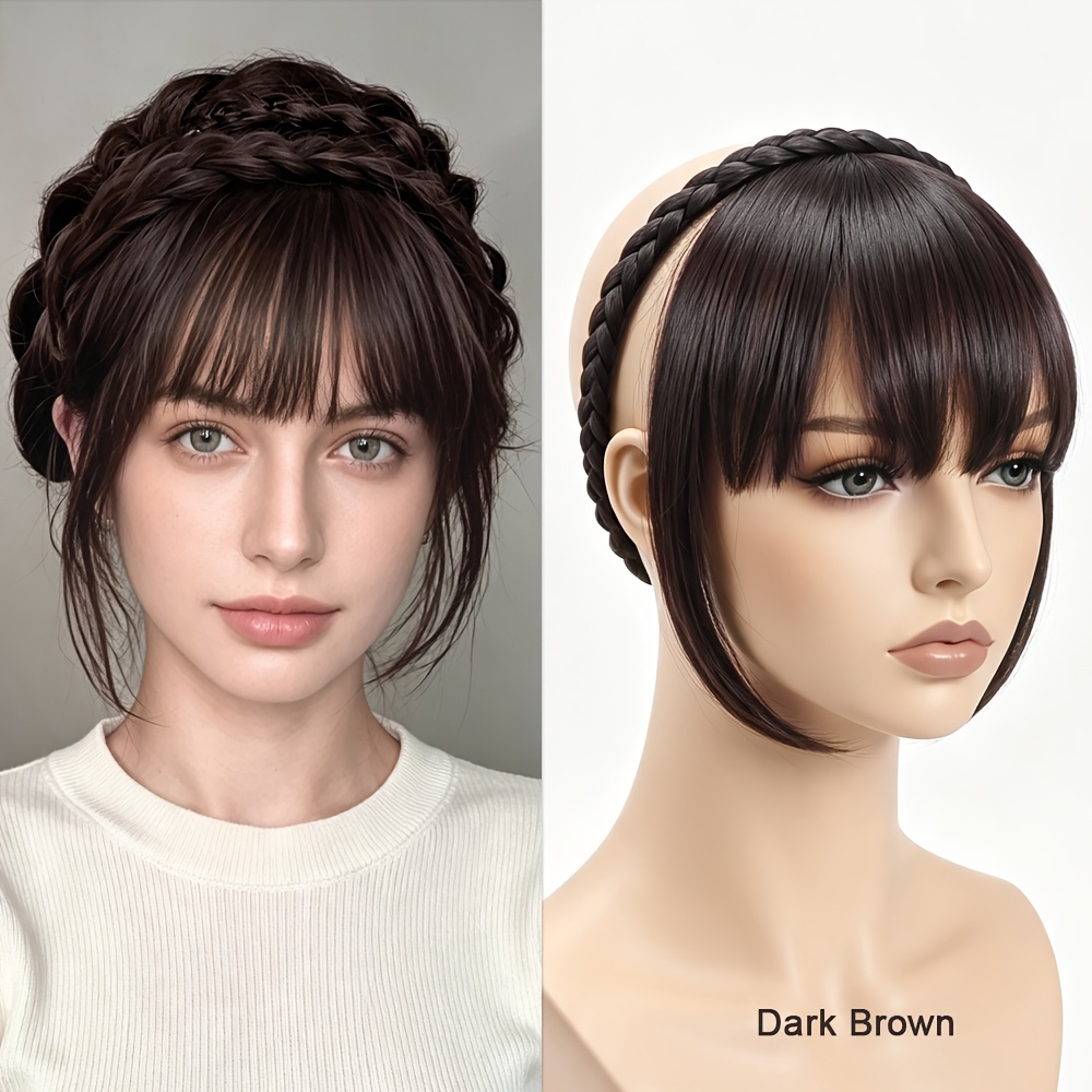 TEMU Bandeau Tressé avec Frange Aérienne Artificielle, Frange Synthétique de 8 Pouces, Peut Être Coupée et Bouclée, Postiche Léger pour Coiffure