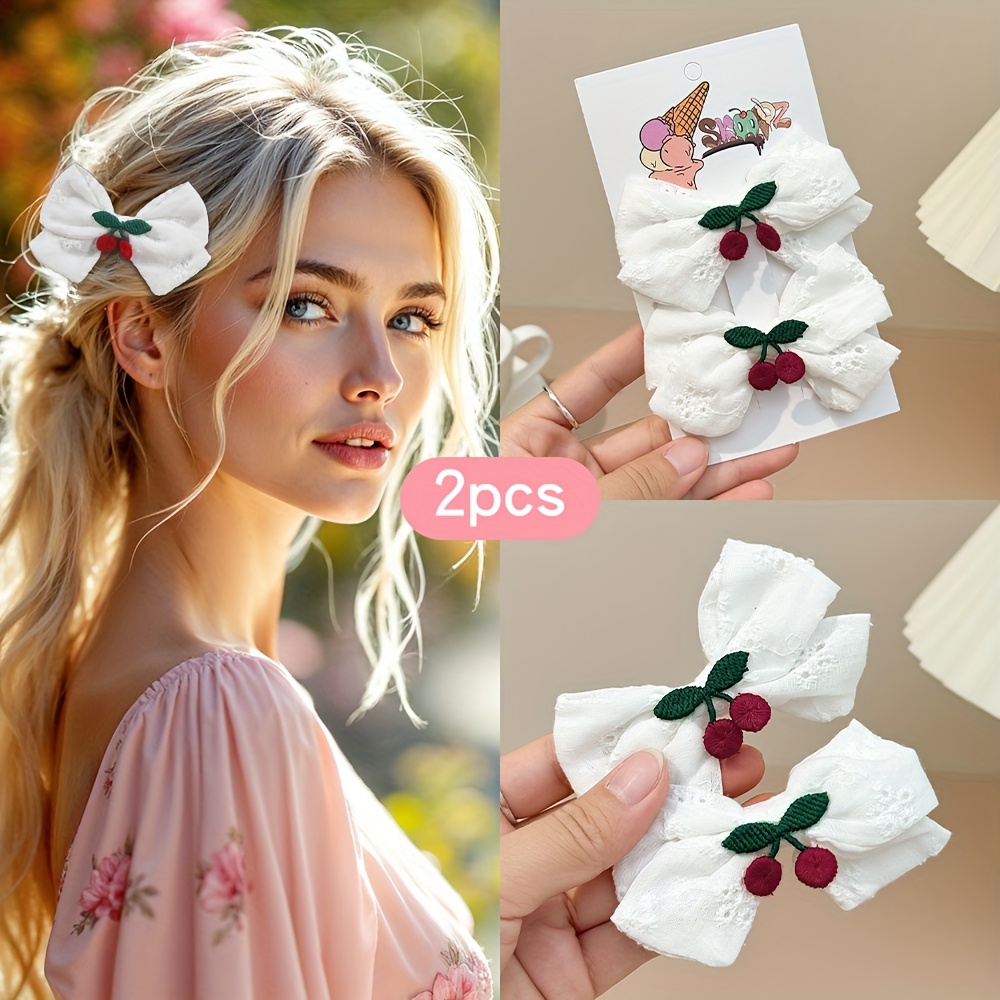 2pcs cute cherry embroidery bow hair clips delicate floral hair bows with green leaves red berries white polyester spring   additions for women and   back to school valentines day and casual outfits barrettes for hai