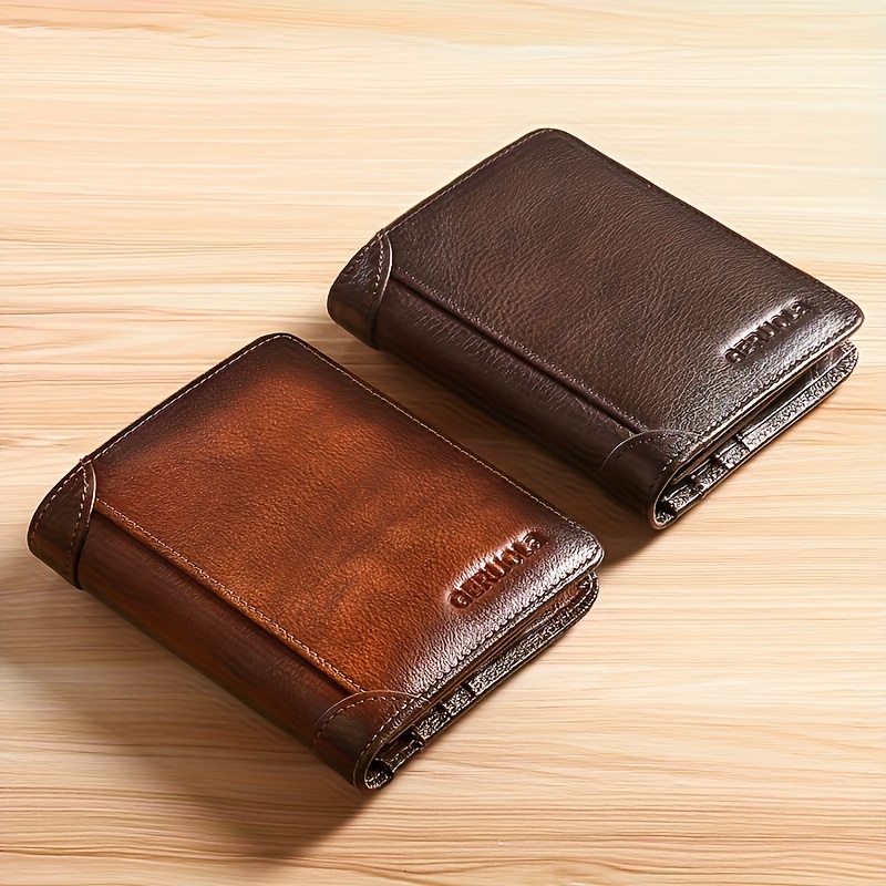 rfid blocking trifold genuine leather wallets for men top layer cowhide vintage short multi function credit card holder money clips with 2 id windows give gifts to men