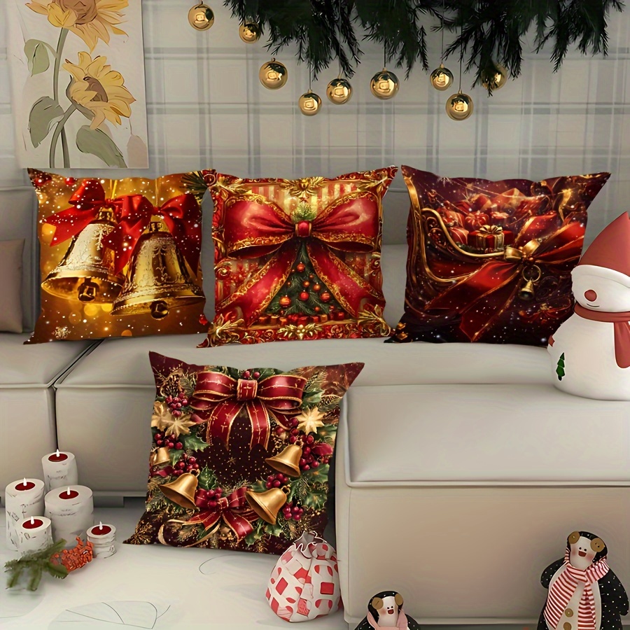 

4pcs Christmas , Red And Large Bows , Contemporary , Zippered Cushion For Sofa, , And Decor - Washable