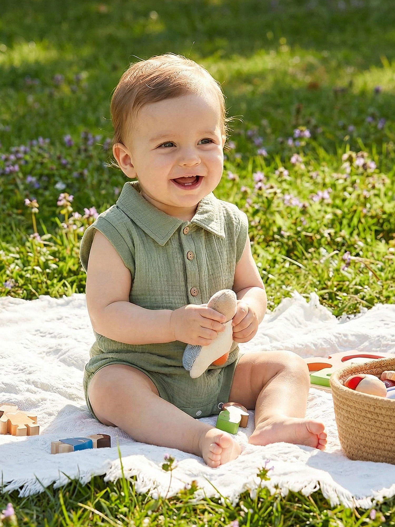 Baby Sleeveless Turn-Collar Button Closure Solid Summer Bodysuit
