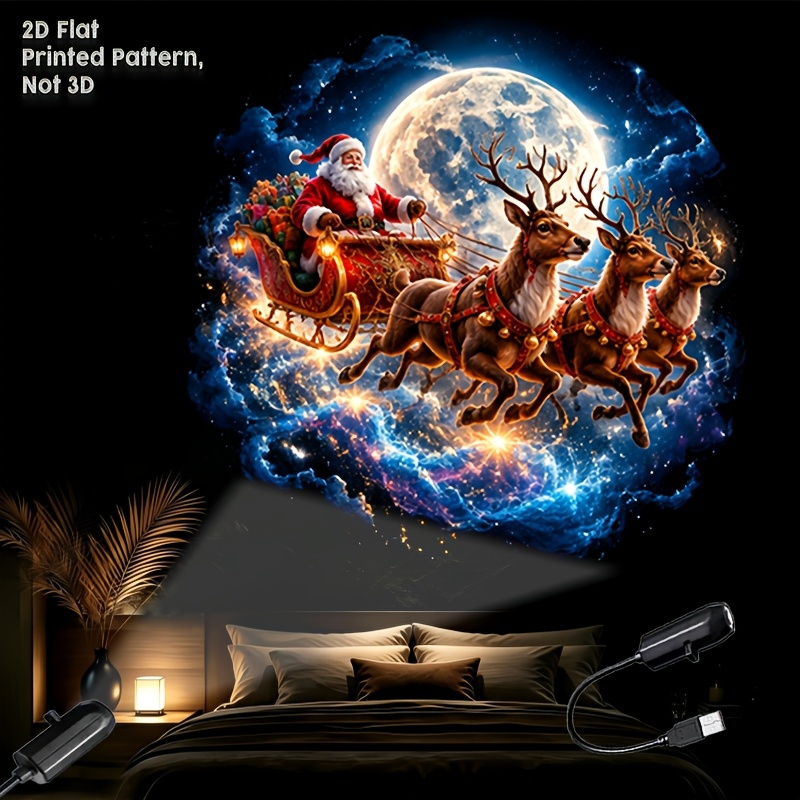 TEMU 2d Flat - 1pc Led Portable Usb Interface Atmosphere Projection Lamp, Christmas Theme Reindeer Sleigh , For Parties, Bedrooms, Home, Wedding