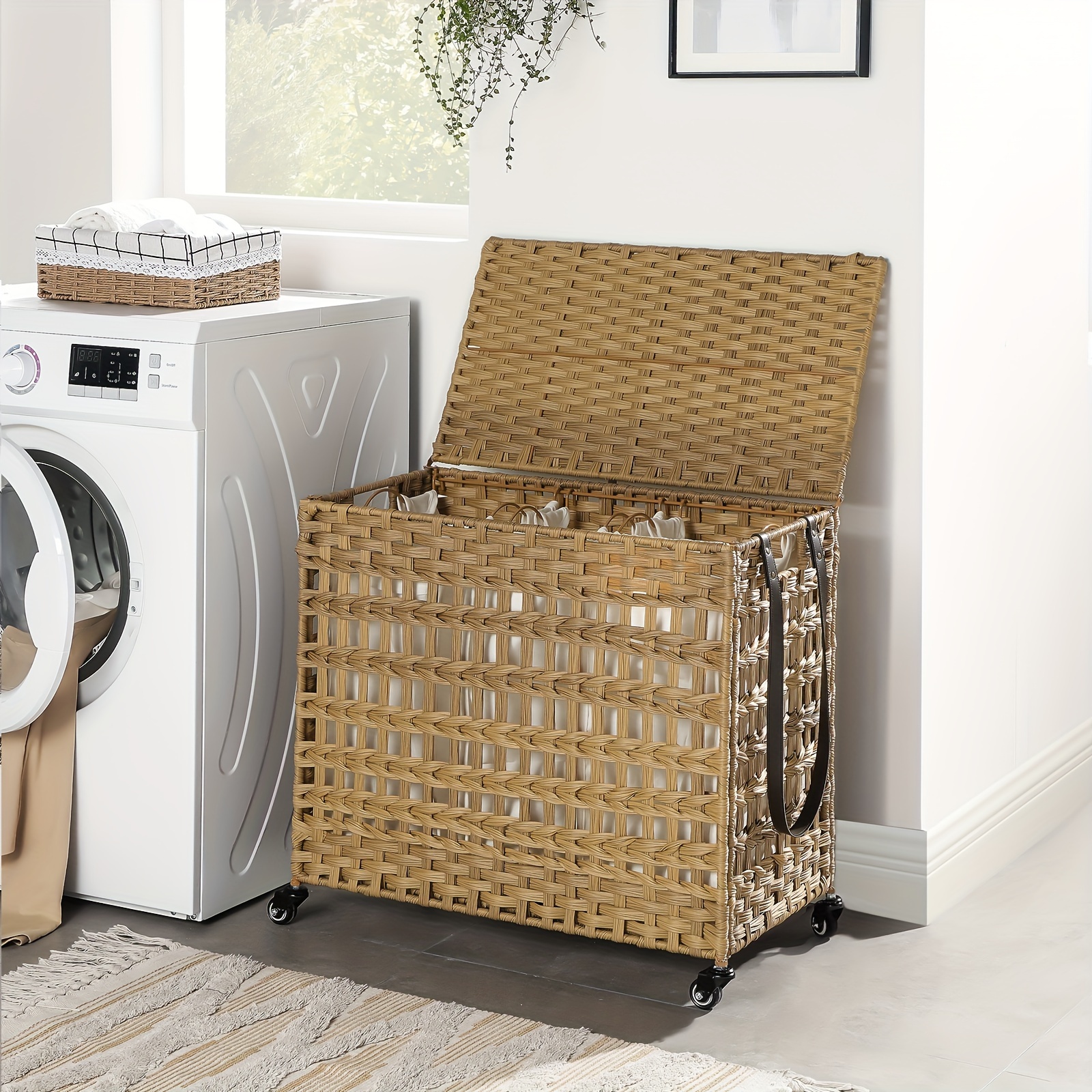 

Songmics 140l Classic Rattan Laundry Basket With Lid - Stylish 3-section Hamper On Wheels, Includes 3 Removable Liner Bags & Handles, Laundry Room, Laundry Hamper, Laundry Baskets