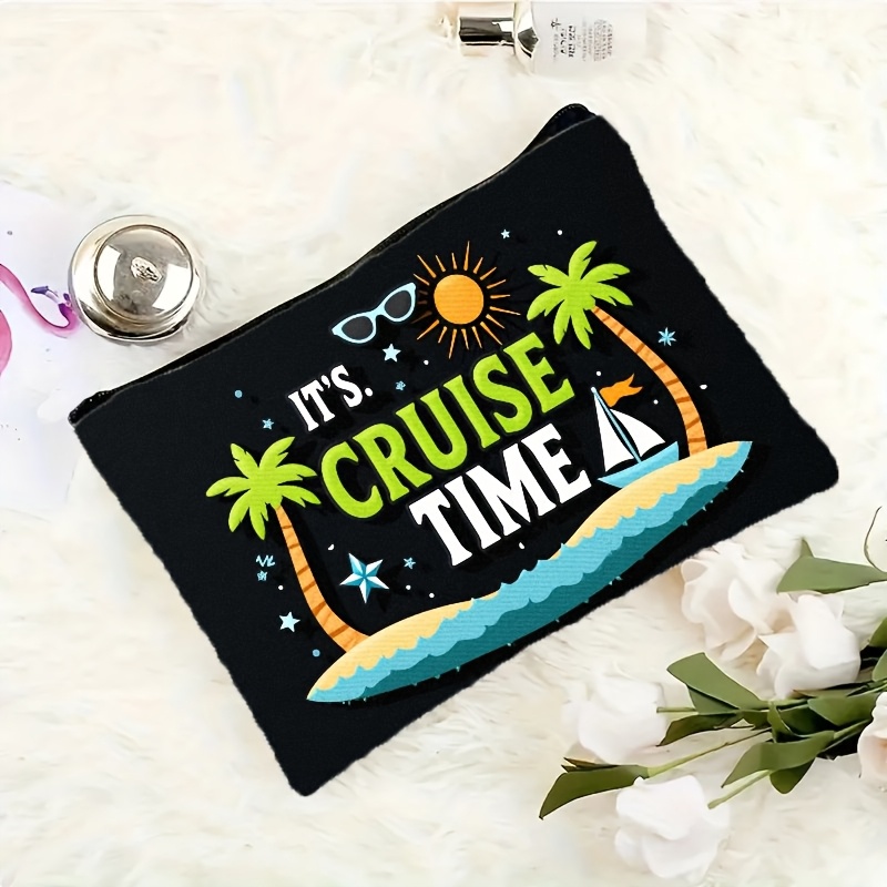 TEMU 1pc, Women's And "cruise Theme Travel Cosmetic Bag - Lightweight Foldable Makeup Bag With Secure Zipper Closure, Tropical Beach Print (palm