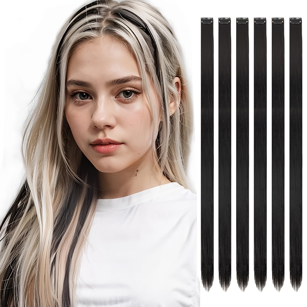 TEMU 6pcs Black Colorful Hair Extensions 24 Inch Heat Resistant Synthetic Hair Straight Wig Hairpiece Women Girls Party Gift Suitable For Christmas