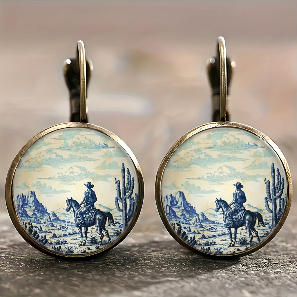 TEMU Alloy Retro Round Earrings, Cowboy Riding, Western Desert, Blue And Retro Earrings, Light Accessories, Simple And Fashionable Style, Daily Versatile Earrings, Gift , Suitable For A Of Occasions