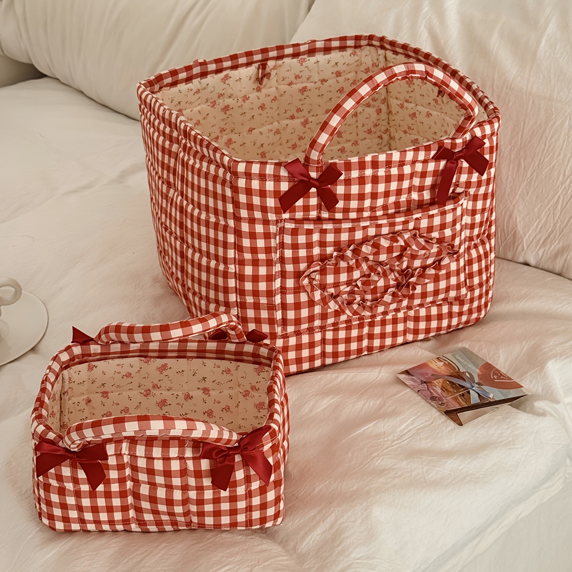 Image of Red Storage Baskets 2-pack, Large Capacity Foldable Organizer Bins For Clothes And Desktop Sundries, Aesthetic Lightweight Handheld Shopping Baskets For Outdoor Use
