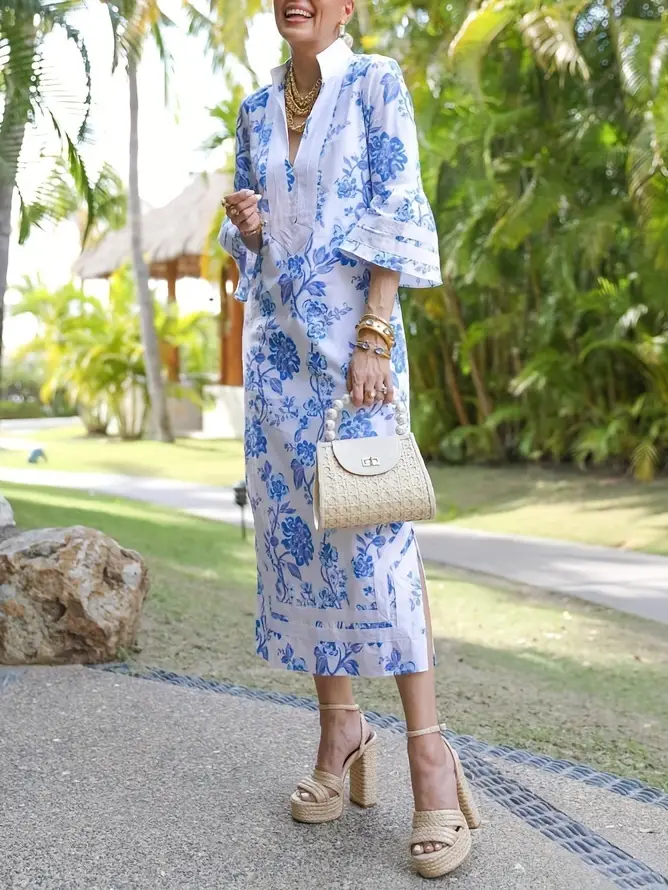 womens v neck flared sleeve h shaped split dress casual printed long skirt Product details 0