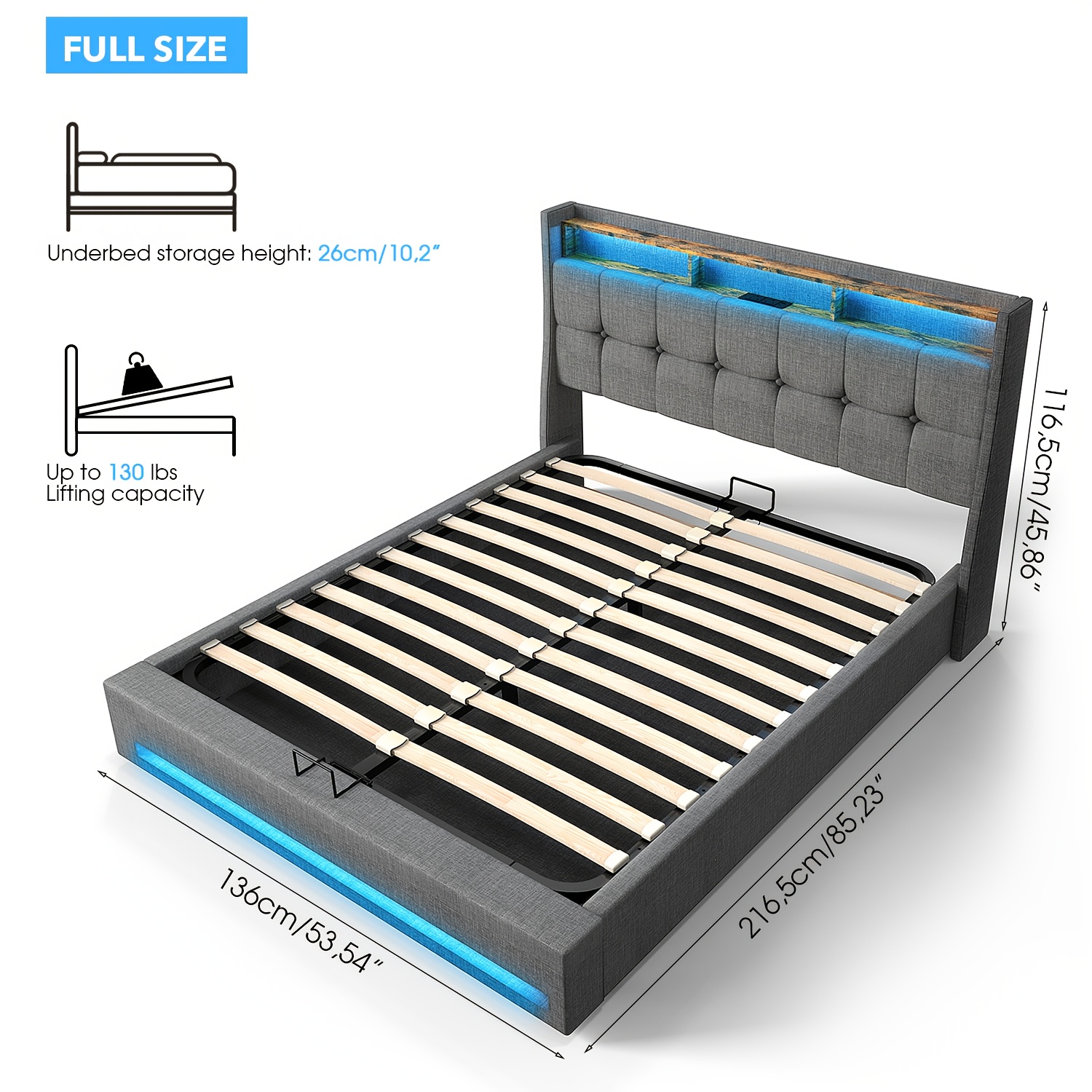 Upholstered Double Bed Frame With Hydraulic Lever, 140x200 Lift Up Ottoman Bed, Double Bed Frame, Functional Storage Bed, Without Mattress, Gray