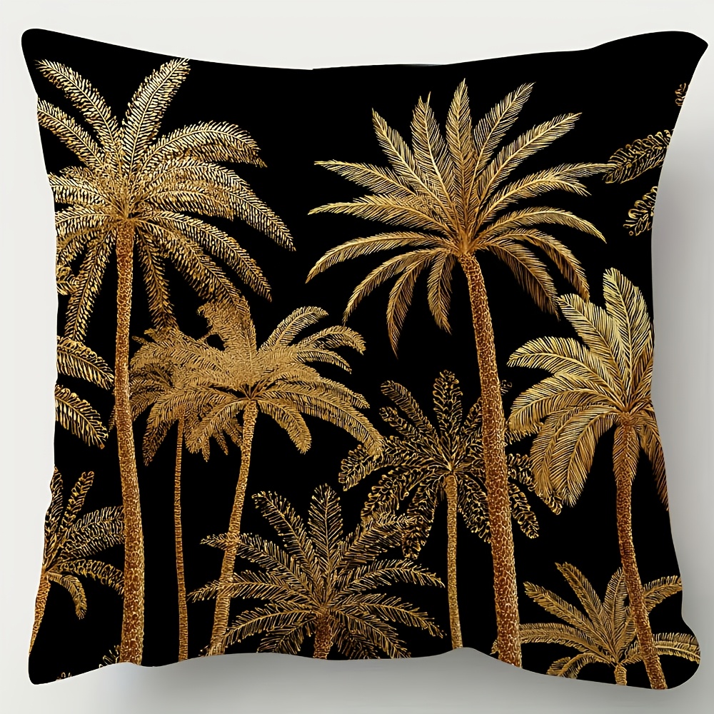 TEMU 1pc Reversible Printed Pillowcase, Luxurious Short Plush Pillow Cover - Black And Golden Palm , 18x18 Inches Soft Plush Decorative Cushion Case