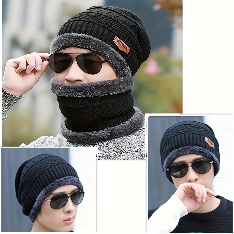 3pcs set winter beanie hat scarf and gloves set warm thick knit fleece lined skull cap gifts for men women details 0