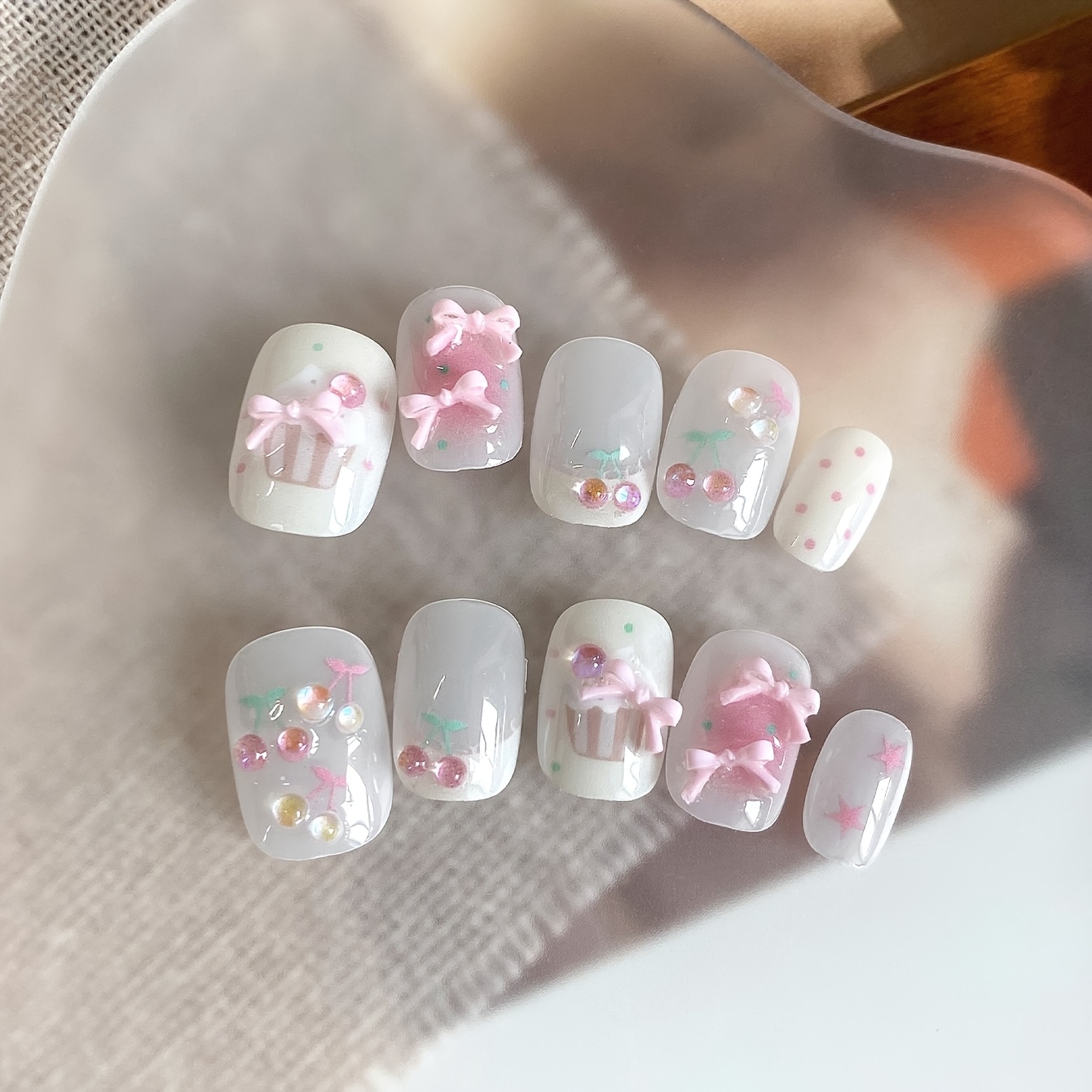 TEMU 10pcs Short Detachable Press-on Nails, Short Style Cute Cartoon Cherry Nail Art Stickers