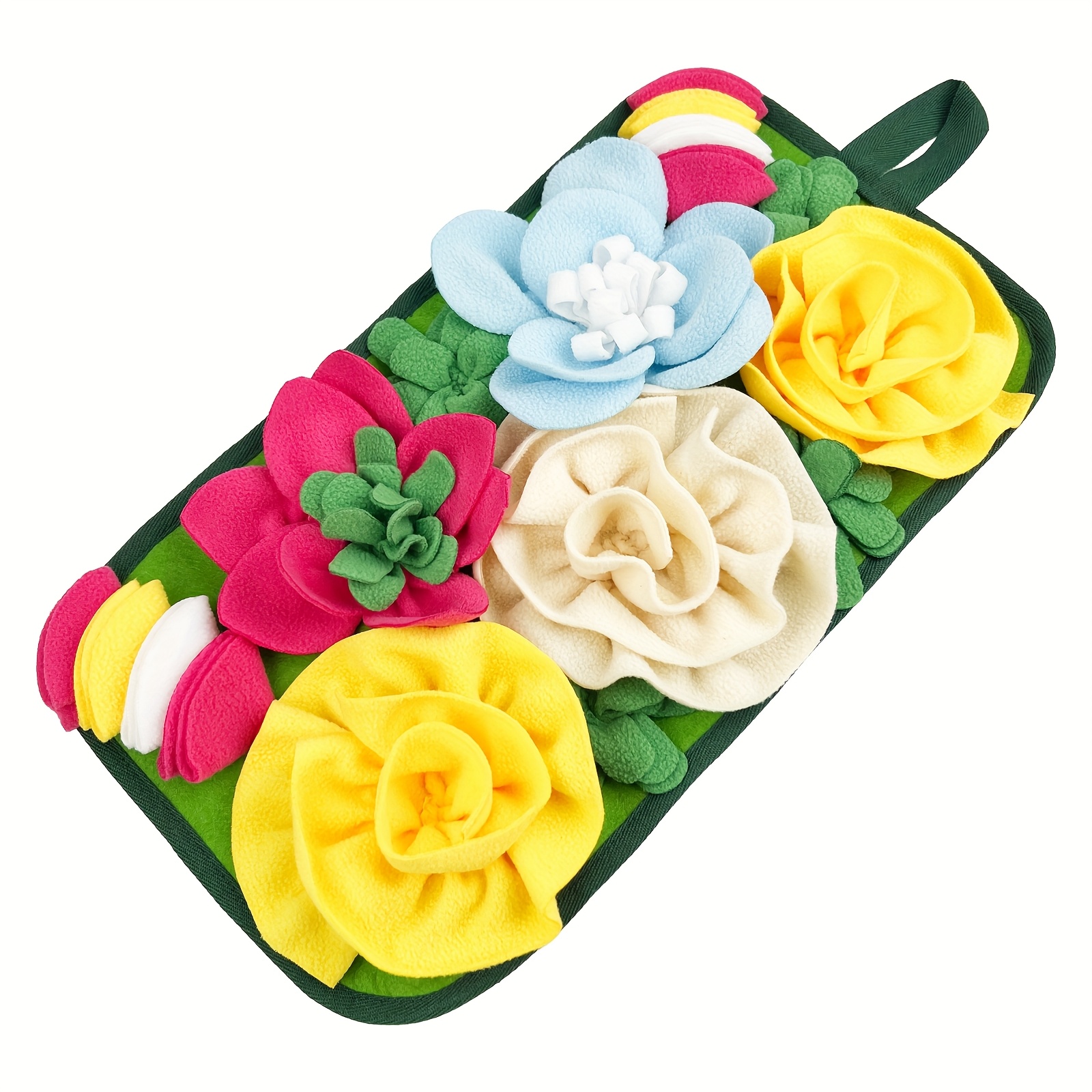 TEMU KM-P Futtermatte für kleine Haustiere mit bunten Pompons & Blumenmuster – Langsamfresser für Kaninchen, Hamster, Eidechsen, Katzen – Langlebige