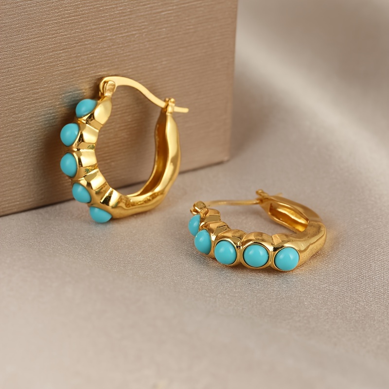 E-shop Vintage Elegante Geformte Goldene Platte Türkis Hoop Ohrringe - Kupfer Vergoldenetes Schmuck für Reise Souvenirs Nicht Allergische Ohrringe