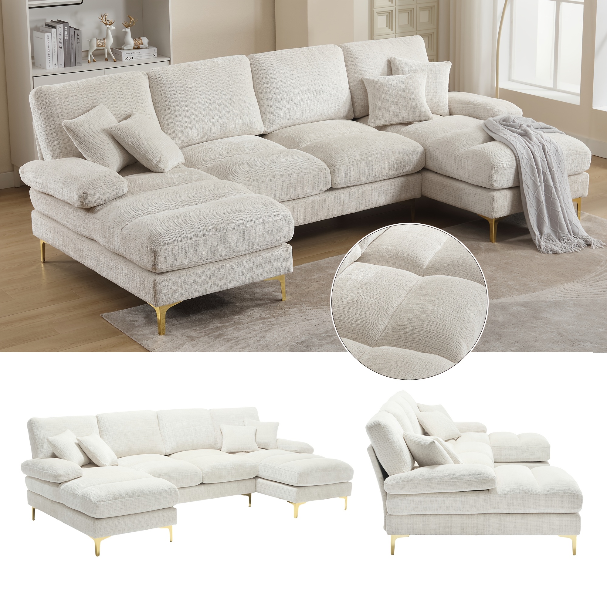Modern Large Chenille U-shaped Sectional Sofa With Double Chaise Lounges, Comfortable Module Sofa For Living Room, Bedroom, Office And Apartment