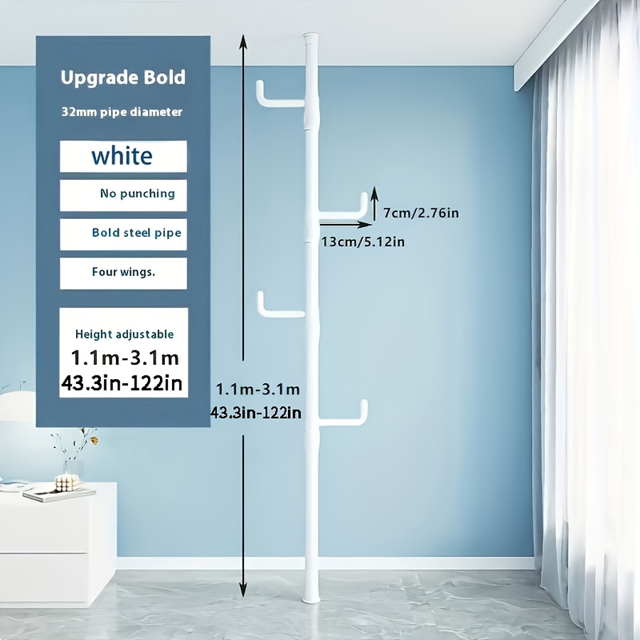 Adjustable Height Clothes Rack Rod with 4 Hooks, No Installation