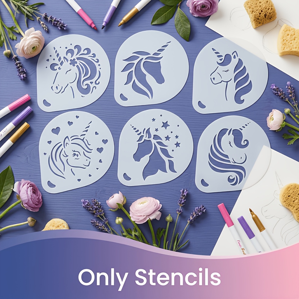 TEMU Ensemble de pochoirs Licorne - 6 charmants de têtes de licorne avec cœurs, étoiles, fleurs et flottants. Pochoirs en plastique robustes découpés