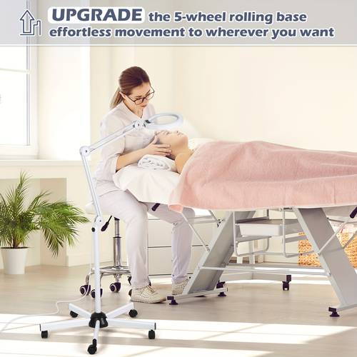 10 glass with light and floor stand 2 in 1 with clamp with 5 wheel rolling base led infinite dimming illuminated magnifying floor lamp hands free for esthetician facial and dental use