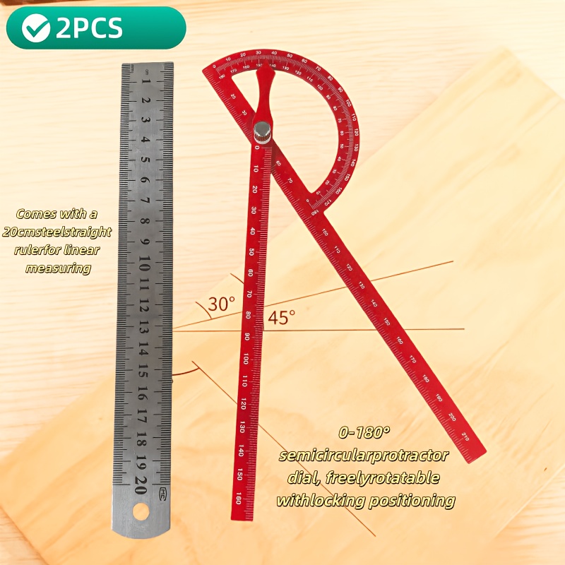 TEMU Upgraded Aluminum Alloy 0-180° Adjustable Woodworking Protractor With Locking Knob For Free Rotation And Angle Locking. Includes A 20cm For Use