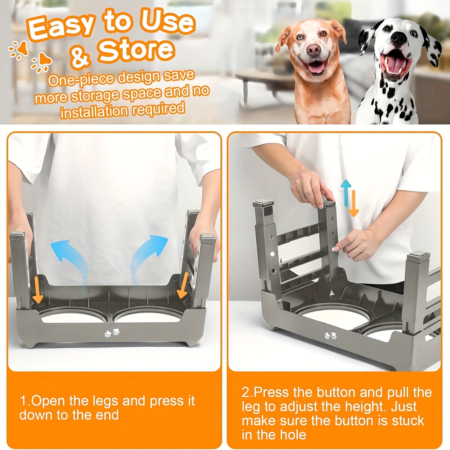 Adjustable Height Raised Dog Bowl Stand With 2 Stainless Steel Bowls | Foldable Feeder For Medium/Large Dogs