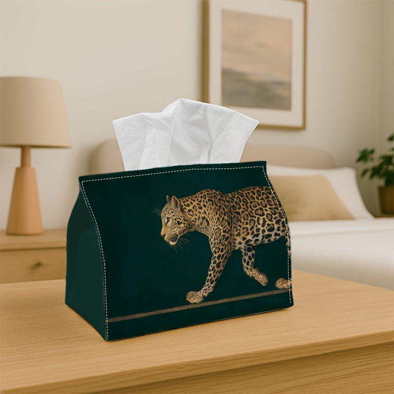 TEMU 1pc Dark Green Vintage Leopard Print Tissue Box Holder, 2d Flat Artistic For Pattern Decorative Tissue Organizer, Decor For Living Room Bedroom